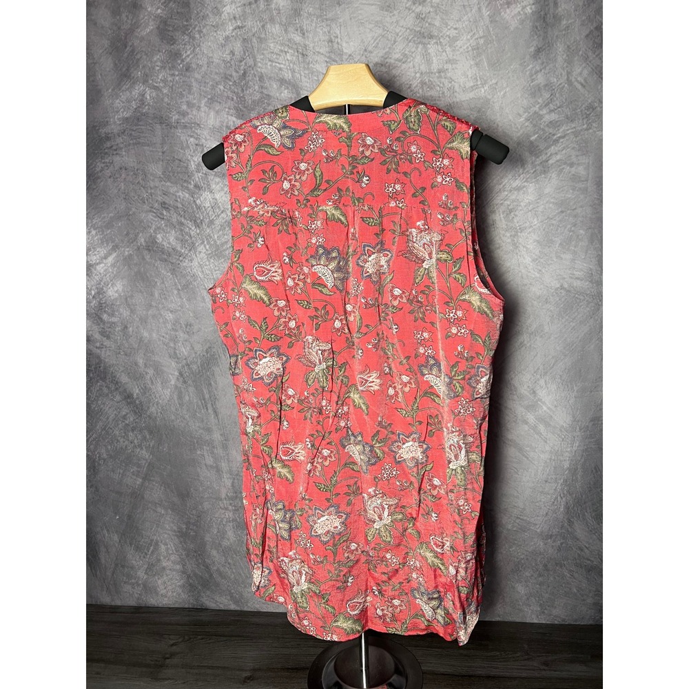 St. John's Bay Floral Coral Boho Sleeveless Blouse Tassel Tie Smocked Size Med - Picture 2 of 7